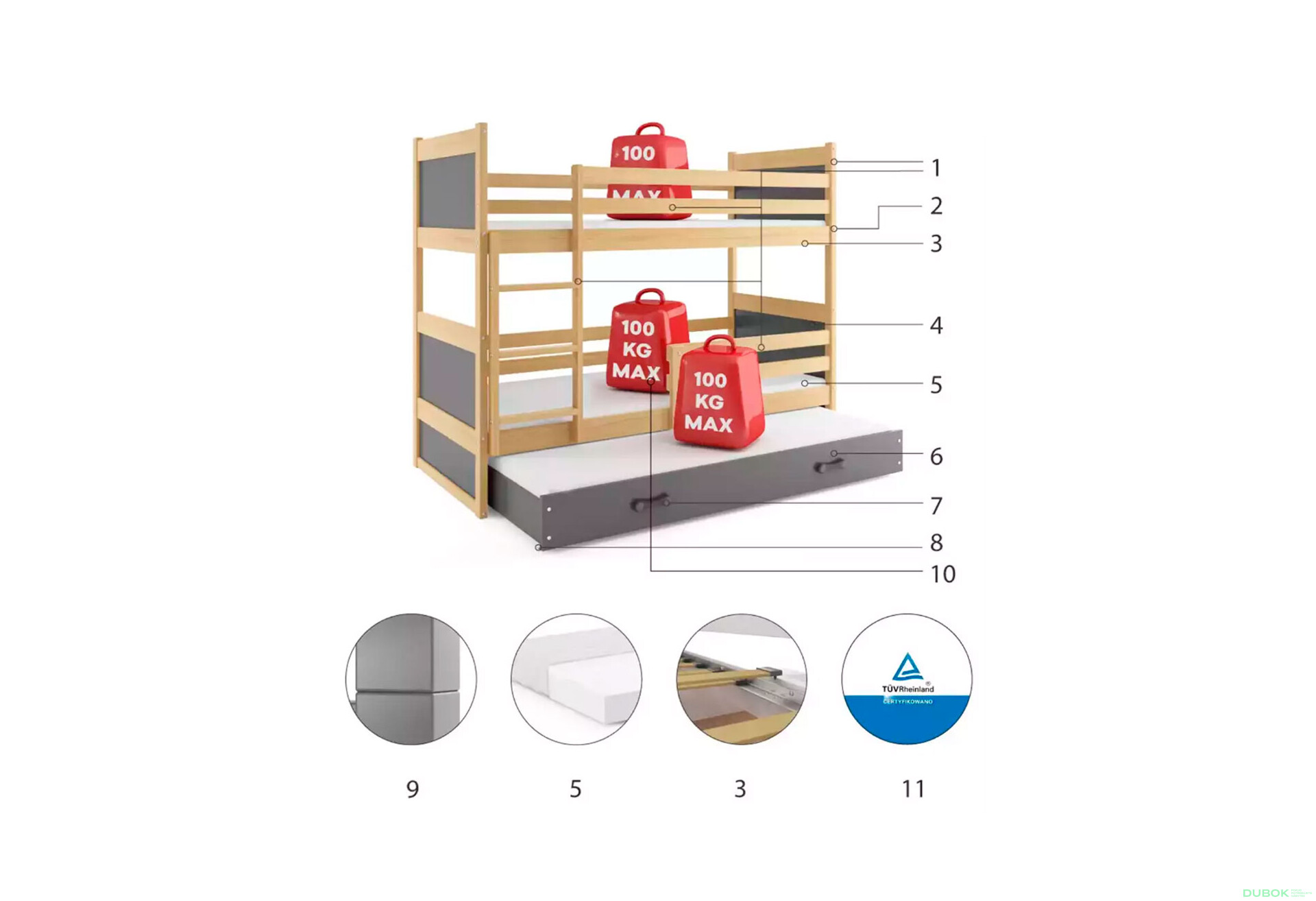 Poschodová posteľ Rico pre tri osoby borovice/grafit 90x200 cm s roštom, matracom - Fotografia 4 Fotografia 4 - Poschodová posteľ Rico pre tri osoby borovice/grafit 90x200 cm s roštom, matracom
